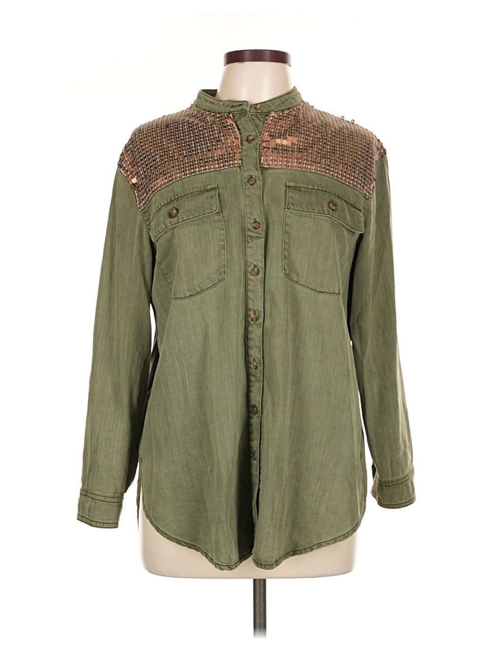Anthropologie Olive Green Button-Front Women's Top with Metallic Shoulder Detail